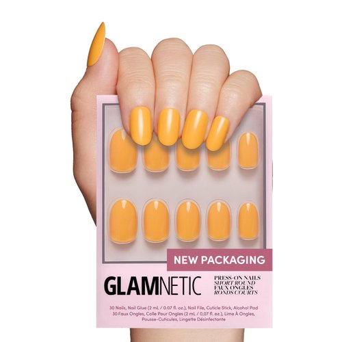 Glamnetic Press On Nails - Sunset Orange | Opaque Trendy Orange Short Round Fake Nails, Reusable | 12 Sizes - 30 Nail Kit