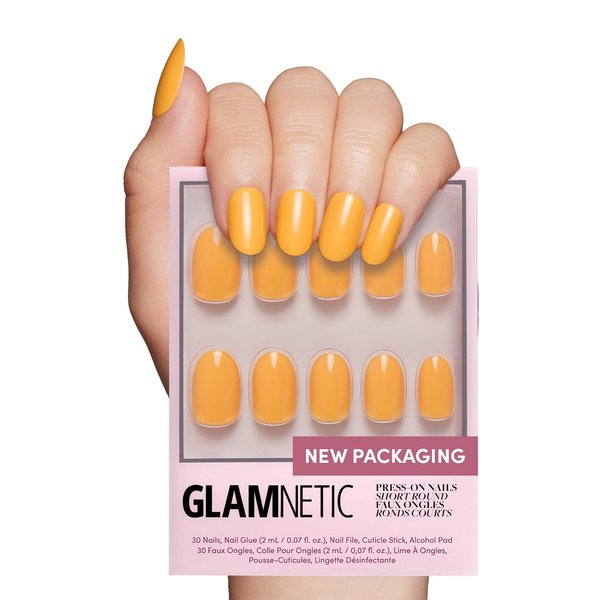 Glamnetic Press On Nails - Sunset Orange | Opaque Trendy Orange Short Round Fake Nails, Reusable | 12 Sizes - 30 Nail Kit