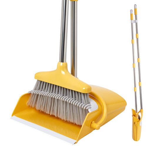 XXFLOWER Broom and Dustpan Set for Home, Broom with Dustpan Combo Set, Upright Standing Dust Pan and Broom Set Long Handle 55" Self-Cleaning Sweeping Broom for Kitchen Lobby Office Pet Hair