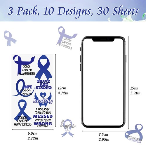 WANDIC 30 Sheets Blue Ribbon Temporary Tattoos, Colon Cancer Awareness Tattoo Sticker Prostate Cancer Awareness Stickers for Charity for Decoration Eveny