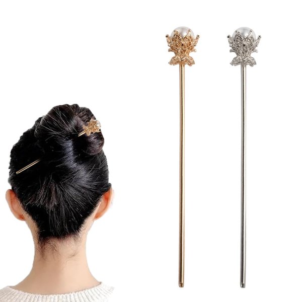 Pokinge 2Pcs Vintage Pearl Metal Hair Stick Elegant Chignon Hairpin Classic Imitation Pearls Hairpin Chinese Updo Hair Stick Women Headwear For Girl