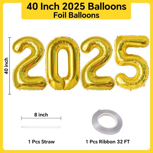 40 Inch Giant Gold Number 2025 Balloon, 2025 New Years Decorations for 2025 Happy New Year Eve Christmas and Graduations Party Supplies