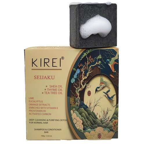 Kirei Shampoo Bar, 2-in-1 Shampoo & Conditioner Bar, Detoxifying, Deep Cleansing, Hydrating Shampoo bar for All Hair Types, Activated Charcoal, Tea Tree/Shea/Thyme, All Natural & Vegan SEIJAKU 100g