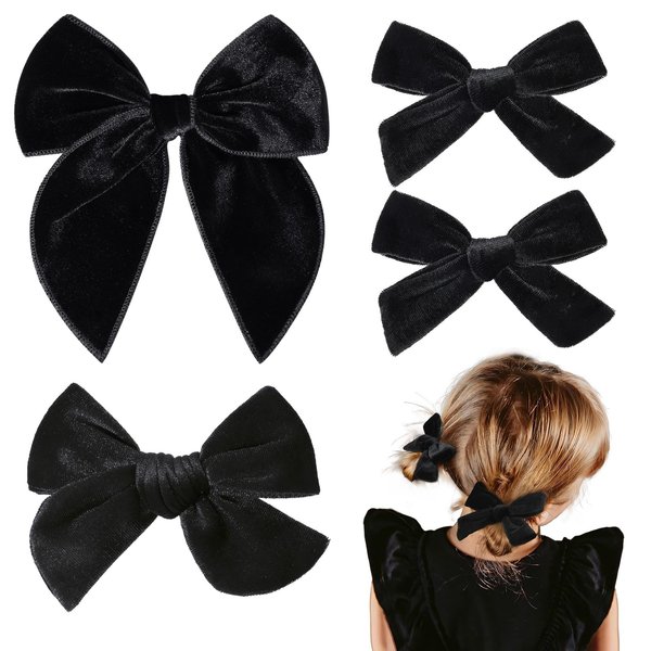 DEEKA 4 PCS Black Velvet Hair Bows 3 Styles 5" & 4" Handmade Hair Bow set for Toddler Girls Alligator Hair Clips Knot Bows Hair Accessories for Little School Girls (Black)