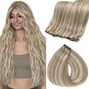 Fshine Sew in Genius Weft Real Human Hair Extensions for Women Highlight Genius Weft Hair Extensions Ash Blonde Highlight with Platinum Blonde Human Hair 16Inch 50g