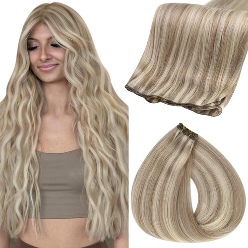 Fshine Sew in Genius Weft Real Human Hair Extensions for Women Highlight Genius Weft Hair Extensions Ash Blonde Highlight with Platinum Blonde Human Hair 16Inch 50g