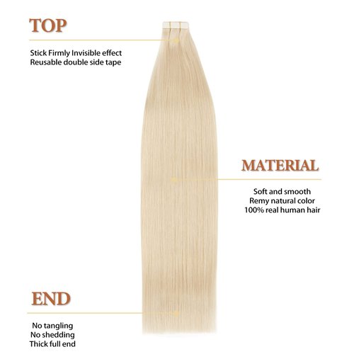 Lovrio 14" 20pcs 50g Remy Straight Tape in Human Hair Extensions Invisible 60 Platinum Blonde Tape ins Hair