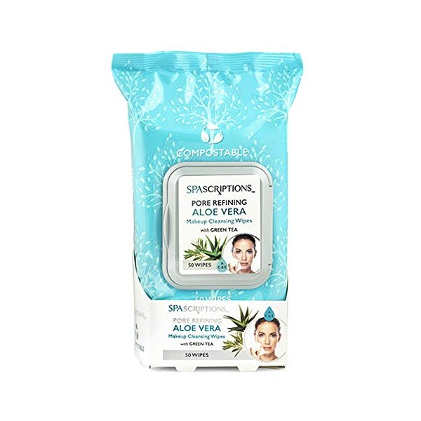 SpaScriptions Compostable Makeup Remover Wipes Cleaning Wipes Face cleanser for Face Makeup - 50 Count (Aloe Vera w/Green Tea)