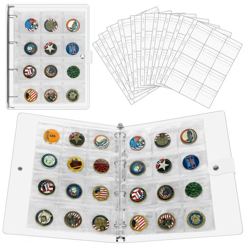 PACMAXI 120 Pockets Challenge Coin Storage Book, 10 Sheets Coin Pocket Pages Hold up 120 Coins, A4 Clear Challenge Coin Collection Book, Challenge Coin Display Booklet