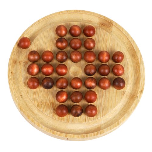 TOWO Wooden Solitaire Game –Peg Solitaire Puzzle Toy - Classic Board Game Marble Chess Mind Game 19.5CM 7.7” Round Board with Wooden Balls One Player Gameplay Brainteaser Puzzle