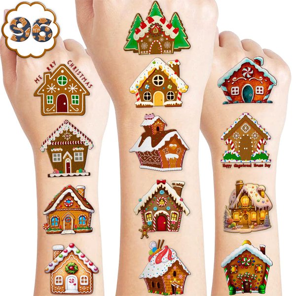 100 PCS Gingerbread House Temporary Tattoos Themed Birthday Party Supplies Decorations Favors Décor Christmas Winter Xmas Candy Cookie Tattoo Stickers Gifts For Game Boys Girls Classroom School Prizes