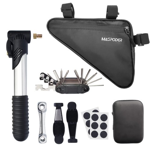 MASPODER Bike Tool Kit, Bike Repair Kit with Bike Frame Bag, Mini Pump, Multitool, Tire Lever Patches Bicycle Accessories Set for Adult Bikes Road Mountain Bike MTB