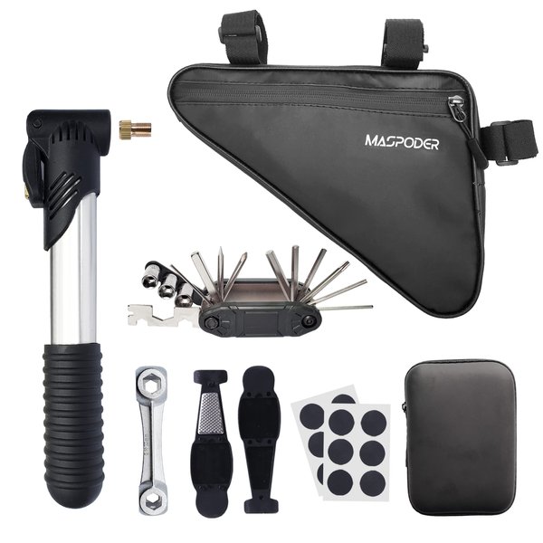 MASPODER Bike Tool Kit, Bike Repair Kit with Bike Frame Bag, Mini Pump, Multitool, Tire Lever Patches Bicycle Accessories Set for Adult Bikes Road Mountain Bike MTB