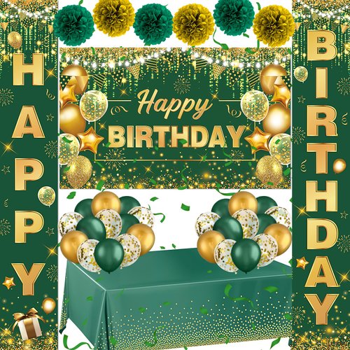 Green and Gold Birthday Decorations, Emerald Green and Gold Birthday Party Decorations Include Happy Birthday Banner Balloons Porch Sign Tablecloth Paper Pom Poms for Women Men Birthday Party Decor