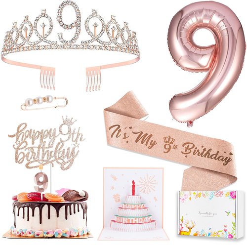 9th Birthday Decorations for Girls, Including 9 year old Birthday Cake Topper, Birthday Queen Sash with Pearl Pin, Sweet Rhinestone Tiara Crown, Number Candles and Balloons Set, Rose Gold