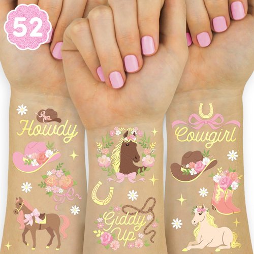 xo, Fetti Pink Horse Girl Temporary Tattoos - 52 Gold Foil Pcs | Cute Cowgirl Birthday Accessory, Pony Bachelorette Party Favor, Cute Kids Activity
