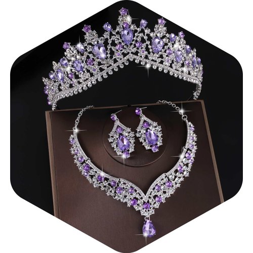 Kamirola Tiaras and Crowns for Women,Tiaras Earrings Necklace, Crystal Bridal Jewelry Set, Costume Party Halloween Prom Pageant Jewelry for Women Girls (Silver & Purple)