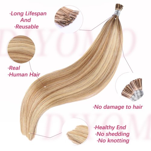 DIYOMO I Tip Hair Extensions - Human Hair, #18/613 Dark Blonde Highlighted Bleach Blonde 18 Inch I Tip Hair Extensions For Women Soft & Natural Itip Hair Extensions Itip Human Hair Extensions 50G/70S