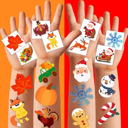 winthrop 240 Pcs Thanksgiving & Christmas Temporary Tattoos for Kids, Individually Wrapped Waterproof Safety Holiday Tattoos Stickers, Best Choice for Fall and Winter Gifts, 120 Designs