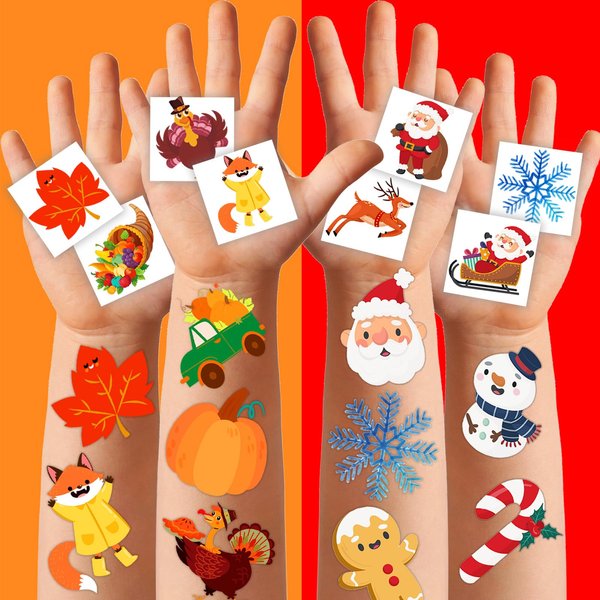 winthrop 240 Pcs Thanksgiving & Christmas Temporary Tattoos for Kids, Individually Wrapped Waterproof Safety Holiday Tattoos Stickers, Best Choice for Fall and Winter Gifts, 120 Designs