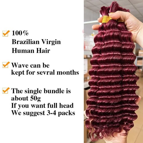 Burgundy Braiding Hair 100g Deep Wave 2 Bundle Bulk Human Hair for Braiding Deep Curly 100% Remy Human Hair Extensions for Boho Curly Wave Braids 99J Red Braiding Hair (99J, 26 Inch)
