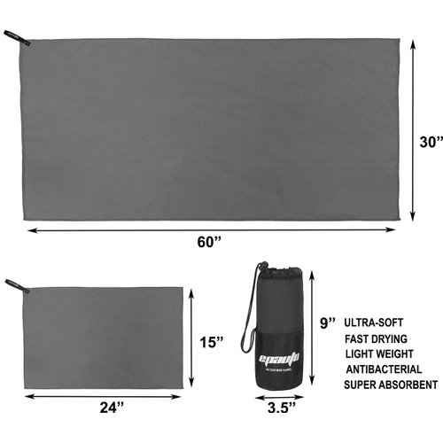 EPAuto 2-Pack Microfiber Fast Drying Travel Gym Towels, Grey, (60''x30'', 24''x15'')