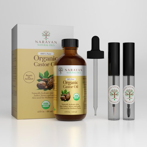 Narayan Organic Castor Oil (4 Fl Oz GLASS BOTTLE) USDA Certified Natural Hexane Free Cold Pressed — For Hair Growth, Eyelashes, Eyebrows & Skin — Extraordinary for Wellness Packs — Includes Beauty Kit