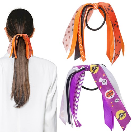 Halloween Scrunchies Hair Ties Hair Scrunchies Day of the Dead Ponytail Holder Streamer Rubber Soft Elastic Bands Ribbon Pumpkin Bats Spider for Women Girls Hair Decor 2PCS