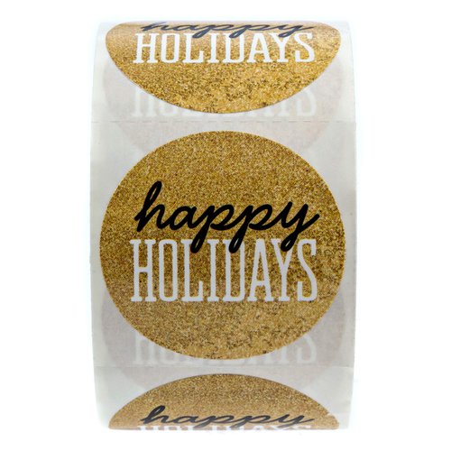 Black & Matte Gold Happy Holidays Christmas Stickers / 500 Christmas Envelope Seals / 1.5" Faux Glitter Holiday Labels