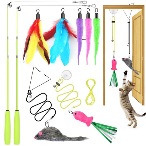 Cat Toys Interactive for Indoor Cats, 2 Retractable Cat Wand Toys, 2 Hanging Door Cat Toy with Mouse Fish, 5 Teaser Toys, Cat Feather Toys for Bored Indoor Adult Cats Kitten Stimulation Exercise Toys