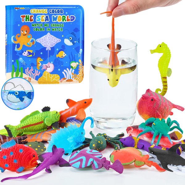 Color Changing Mold Free Bath Toys for Toddlers Kids, Color Change Sea Creatures Ocean Animal Toys & Glow in The Dark Toy with Bath Book(13 Pack), Water Table Toys Rubber Fish Toys for Kids Bathtub