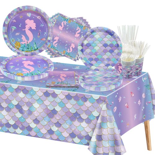 161Pcs Mermaid Birthday Decorations - Including Mermaid Party Plates and Napkins, Mermaid Scale Cups, Mermaid Tablecloth for Girl Kids Baby Shower Little Mermaid Birthday Party Supplies, Serve 20