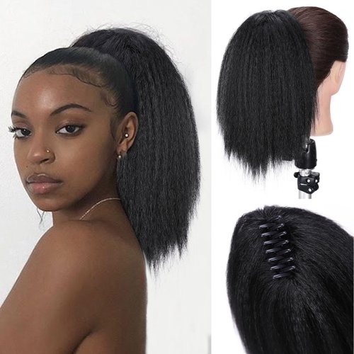 WIGNEE 12 Inches Kinky Ponytail Hair Extensions Claw Clip Yaki Black Ponytail Extension For Black Women Kinky Straight Clip In Ponytail Hair Extensions (12 Inches)