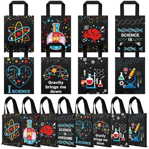 Ferraycle 24 Pcs Science Party Favor Bags Science Gift Bags Science Treat Bag Non Woven Birthday Party Decorations Science Themed Party Favor Bags with Handles for Kids Students Party Supplies