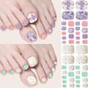 8 Sheets Toe Nail Stickers Diamond Flower Full Nail Wraps Glitter Toenail Nail Polish Strips Marble Decals Colorful Sparkly Rhinestones Toe Nail Wraps Toes Nails with 8pcs Nail file for Women Manicure