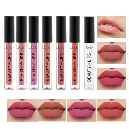 MARIA AYORA 7pcs Lip Gloss Set Matte Velvet Finish, Long-lasting Liquid Lipstick with Lip Plumper, Waterproof, Non-sticky, Halloween Lip Makeup, Vegan & Cruelty Free, Parabens Free, Set 01
