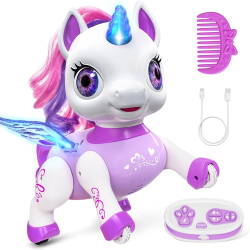 beefunni Unicorn Robot Toys for Girls, Birthday Gifts for Kids and Toddlers 3 4 5 6 7 8 Years Old, with LED Horn,LED Wings,Remote Control,Voice,Dancing Robot Rechargeable (Purple)