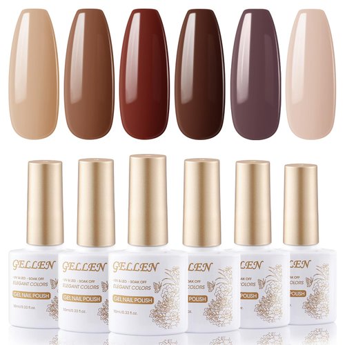 Gellen Chocolate Brown Gel Nail Polish Set, 10ml 6 Colors Coffee Brown Gel Polish Kit with Milky White Beige Polish Gel, No Wipe Soak Off Glossy UV Nail Polish Gel for DIY Nail Manicure Home Salon