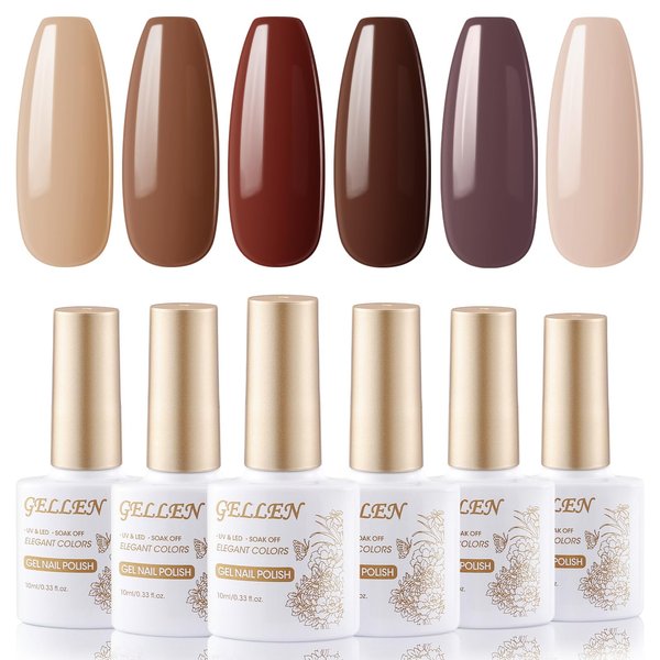 Gellen Chocolate Brown Gel Nail Polish Set, 10ml 6 Colors Coffee Brown Gel Polish Kit with Milky White Beige Polish Gel, No Wipe Soak Off Glossy UV Nail Polish Gel for DIY Nail Manicure Home Salon