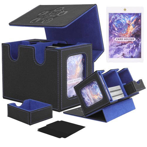 YAXAZA MTG Deck Box with Commander Display Window, Fits 200+ Double-Sleeved Cards, Strong Magnetic PU Leather Card Deck Case, with 2 Dividers, 1 Toploader, andDice Tray (Black & Blue)