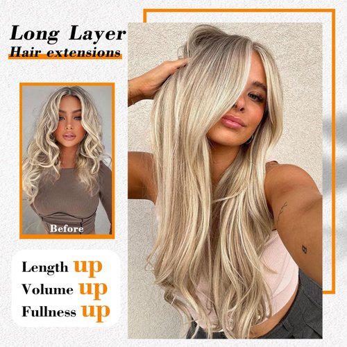 AISI BEAUTY 7PCS Clip in Hair Extensions, 20 Inches Long Straight Layered Hair Extensions Upgrade Soft Lace Weft Lightweight Hair Extensions for Women(Ash Blonde with Platinum Blonde)