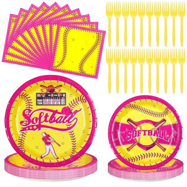 Yiyiring 96 Pcs Softball Party Supplies for Girls Softball Party Tableware Softball Party Decorations Plates Napkins Forks Set Softball Birthday Disposable Sports Tableware Kit Women 24 Guests