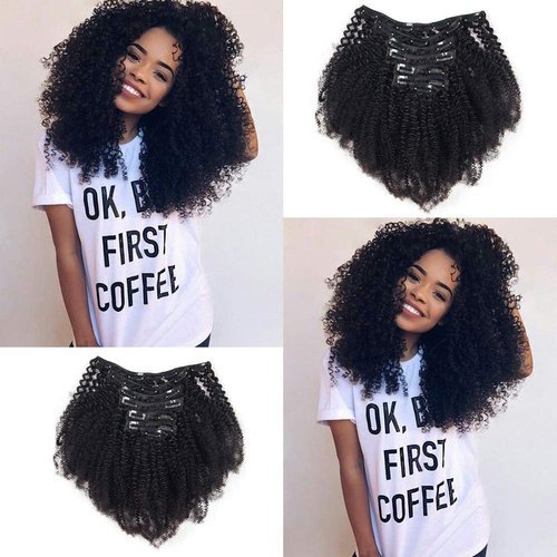 Afro Kinky Curly Human Hair Clip in Extensions Virgin Mongolian Human Hair Clip in Hair Extensions for Black Women 7pcs/set 120gram/set (8inch, 1B Afro Kinky Curly)