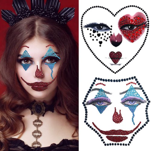 Halloween 3D Face Jewel Makeup Sticker Crystal Decal Shiny Acrylic Drill Stickers For Carnival Festival Party Body Art Terror Grimace Decorations Horror Gem Temporary Tattoo Stickers (Black red blue)