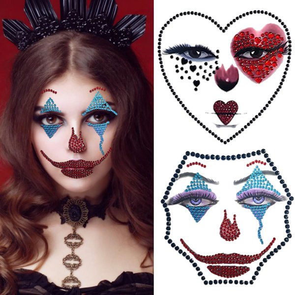 Halloween 3D Face Jewel Makeup Sticker Crystal Decal Shiny Acrylic Drill Stickers For Carnival Festival Party Body Art Terror Grimace Decorations Horror Gem Temporary Tattoo Stickers (Black red blue)