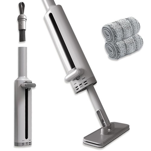 Portable Self-Squeeze Short Mop, Mini Lazy Hand Wash-Free Strong Absorbent Mop, Wet and Dry Use, Floor Cleaning System for Bathroom Kitchens Tableware Desktop Glass (Grey mop+ 2 Pads)