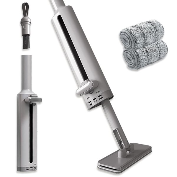 Portable Self-Squeeze Short Mop, Mini Lazy Hand Wash-Free Strong Absorbent Mop, Wet and Dry Use, Floor Cleaning System for Bathroom Kitchens Tableware Desktop Glass (Grey mop+ 2 Pads)