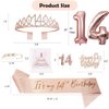 8pcs 14th Birthday Decorations for Girls, Including 14 year old Birthday Cake Topper, Birthday Queen Sash with Pearl Pin, Sweet Rhinestone Tiara Crown, Number Candles and Balloons Set, Rose Gold