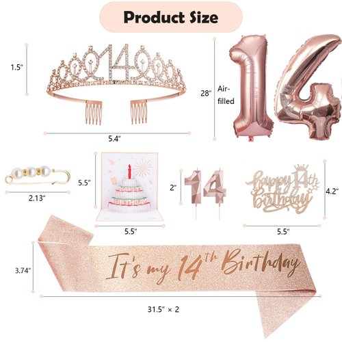 8pcs 14th Birthday Decorations for Girls, Including 14 year old Birthday Cake Topper, Birthday Queen Sash with Pearl Pin, Sweet Rhinestone Tiara Crown, Number Candles and Balloons Set, Rose Gold