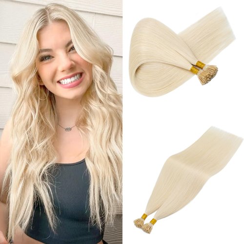 100 Strands/Pack I Tip Remy Human Hair Extensions Pre Bonded Keratin Stick In Hair Extensions Cold Fusion Hair Piece For Women Long Straight #60 Platinum Blonde 18'' 50g